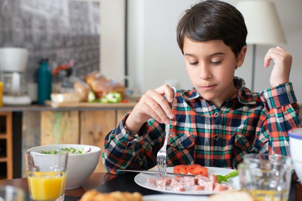 Boy with brown hair and plaid shirt sitting at a table holding is fork in preparation to eat.